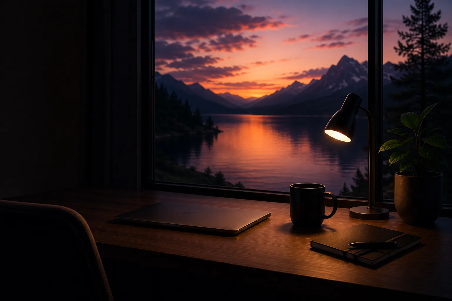 Focused desk at sunset used as the PureTab hero background